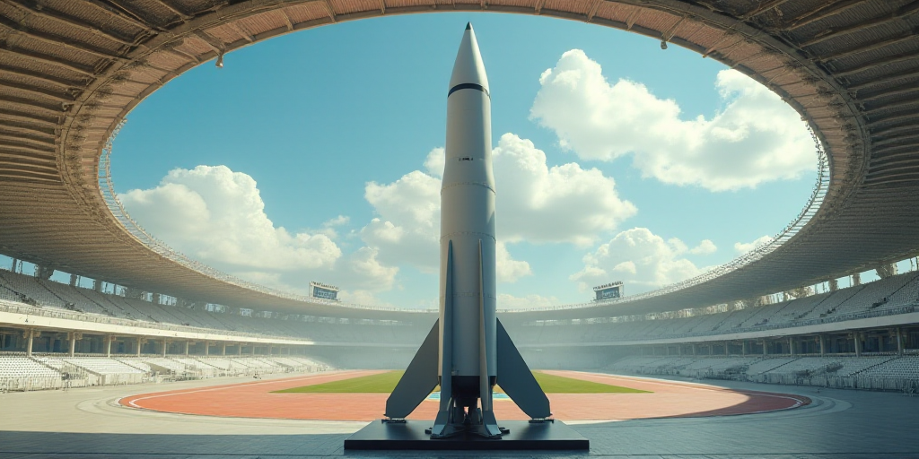 a large rocket is sitting on a stand under a canopy at a stadium or arena with a sky background, Don