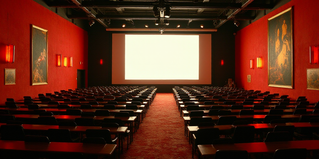 a large room filled with lots of tables and chairs with a large screen in the background of the room