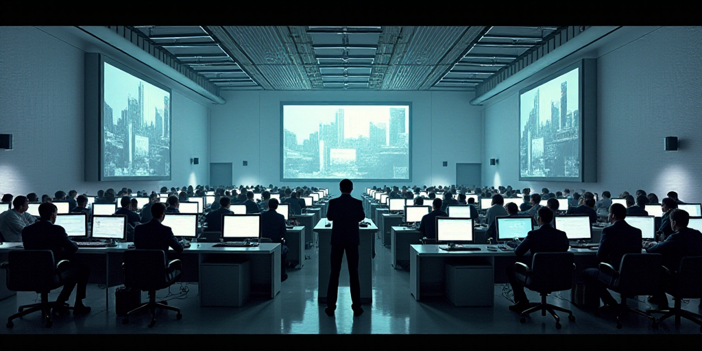 a large room filled with people sitting at desks in front of monitors and monitors on the wall of a