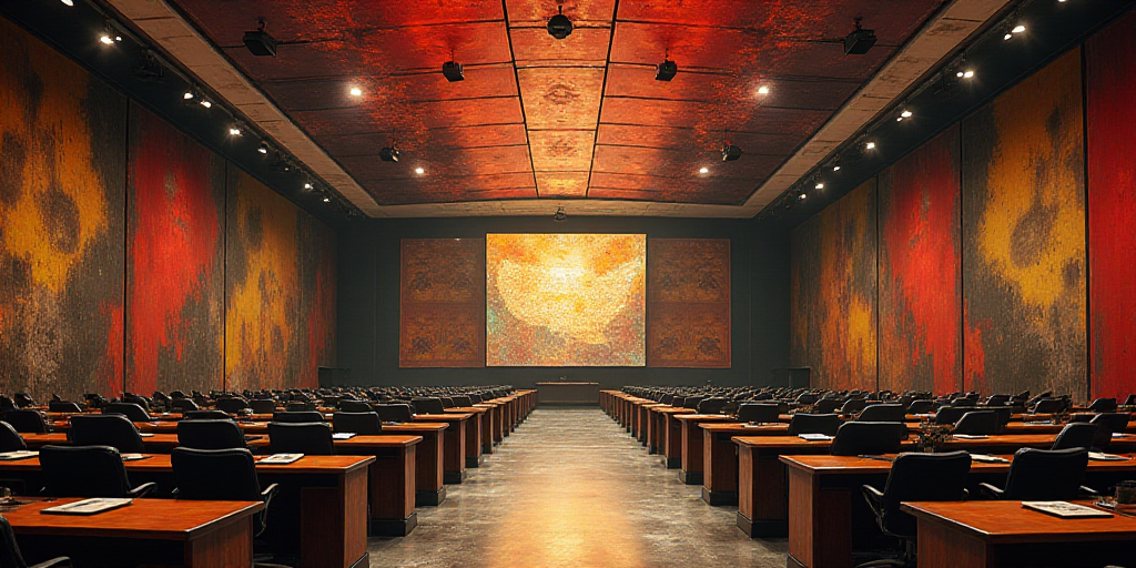 a large room with a lot of desks and a big screen on the wall above it that says the united states,