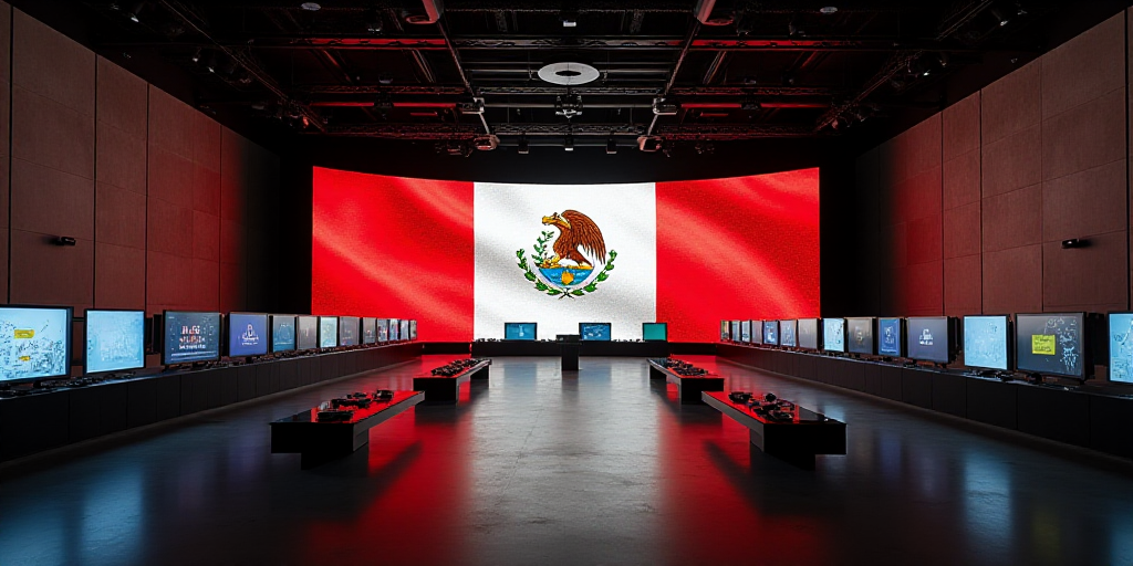 a large room with a lot of monitors and a big screen with a flag on it's wall, David Alfaro Siqueiro