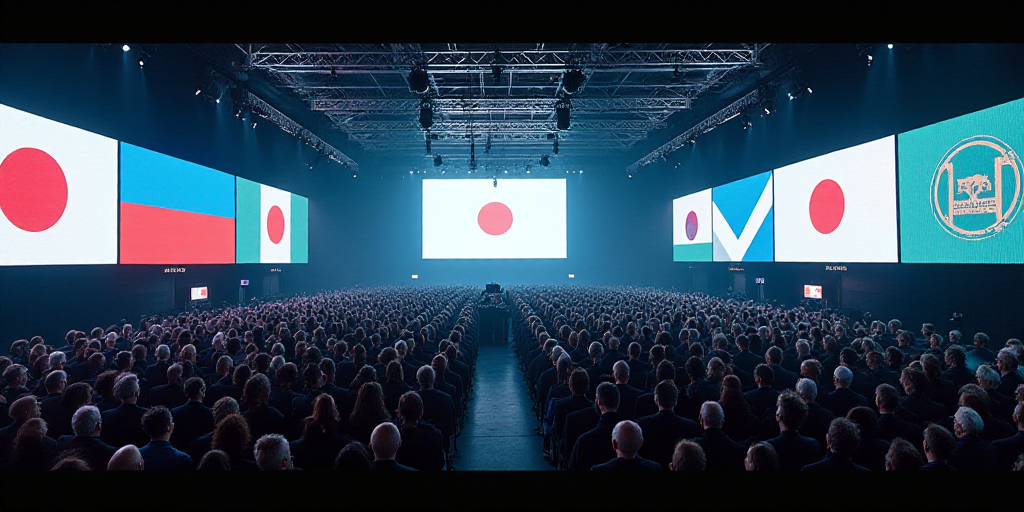 a large room with a lot of monitors and flags on the walls and a lot of people on the floor, David D