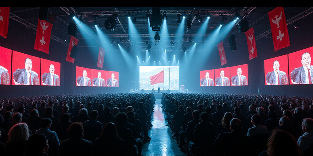a large room with a lot of monitors and flags on the walls and a lot of people on the floor, David D