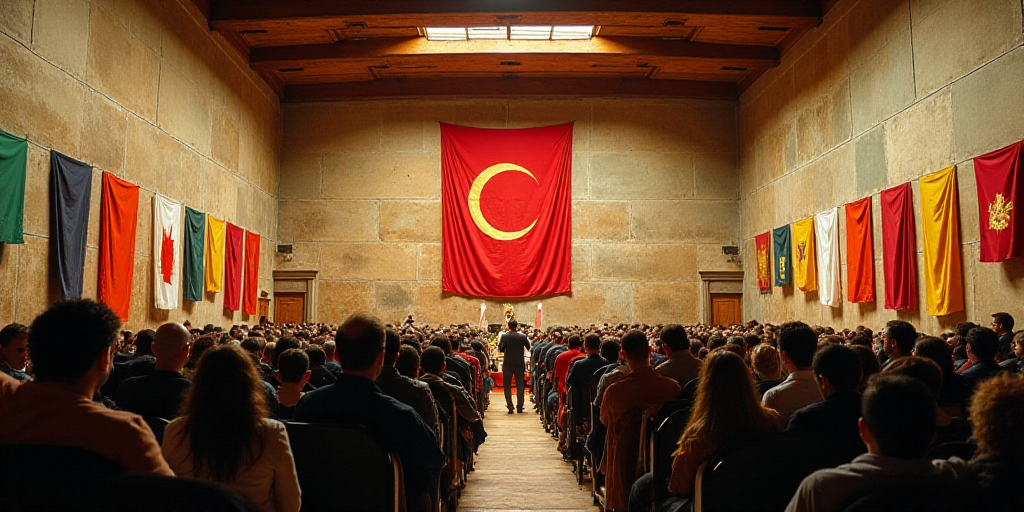 a large room with a lot of people in it and a flag on the wall behind it and a lot of banners on the