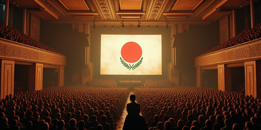 a large room with a lot of people in it and a big screen with a flag on it and a lot of people stand