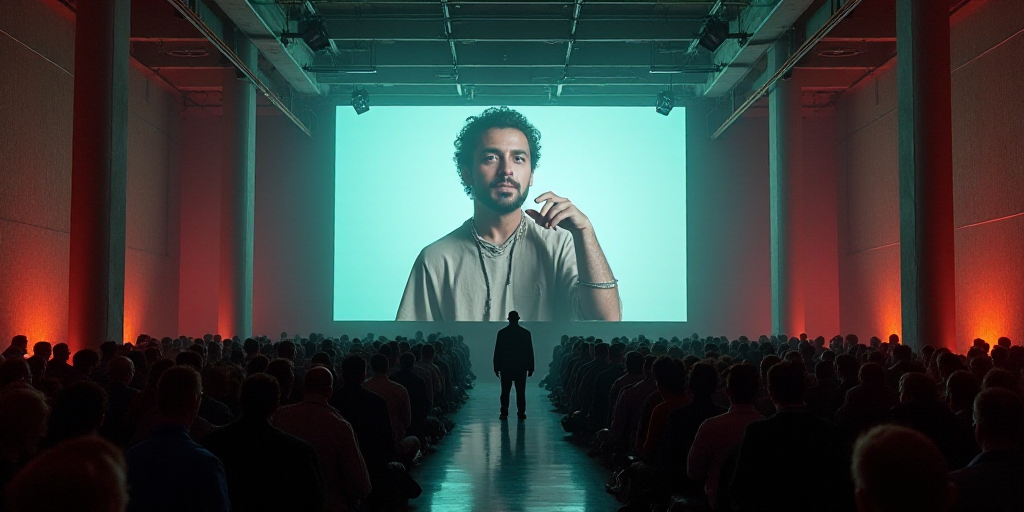 a large room with a lot of people in it and a big screen on the wall with a man on it, Eddie Mendoza