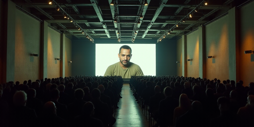 a large room with a lot of people in it and a big screen on the wall with a man on it, Eddie Mendoza