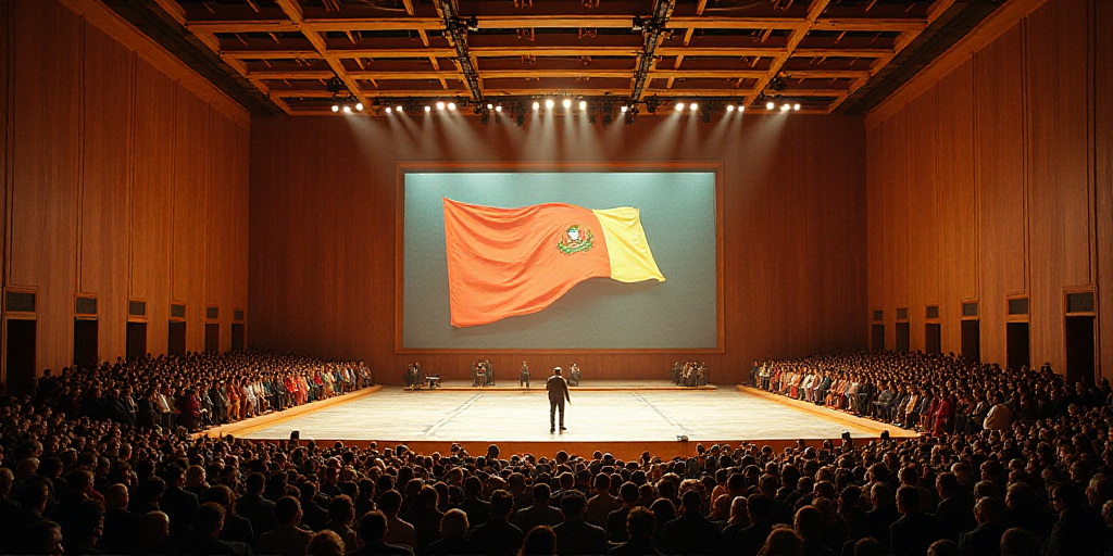 a large room with a stage and a large crowd of people in it and a large screen with a flag, David Al