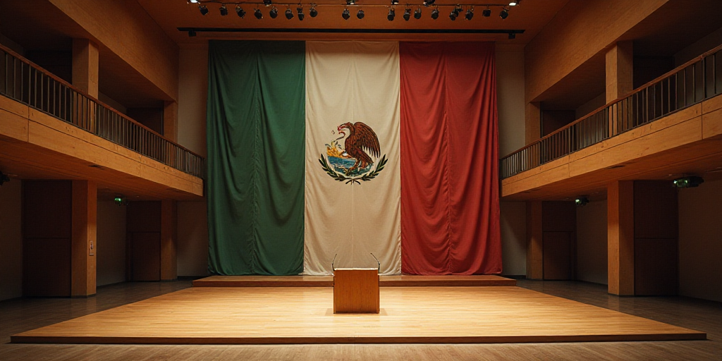 a large room with a stage and a flag on the wall and a podium in the middle of the room, David Alfar