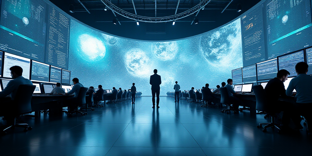 a large room with many monitors and people walking around it and a man standing in the middle of the