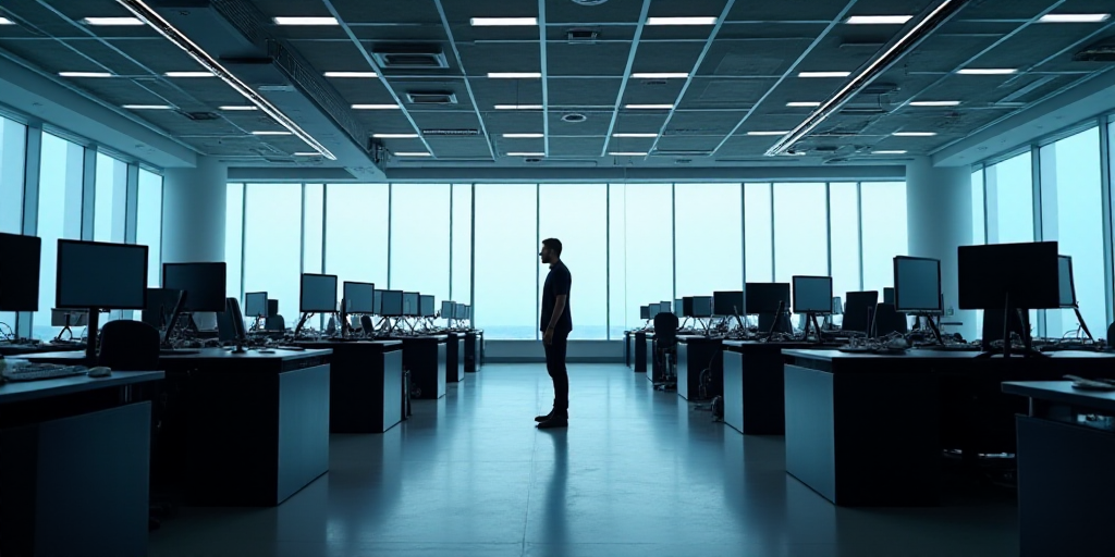 a large room with multiple desks and monitors on the walls and a man standing in the middle of the r