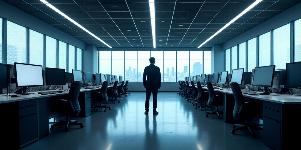 a large room with multiple desks and monitors on the walls and a man standing in the middle of the r