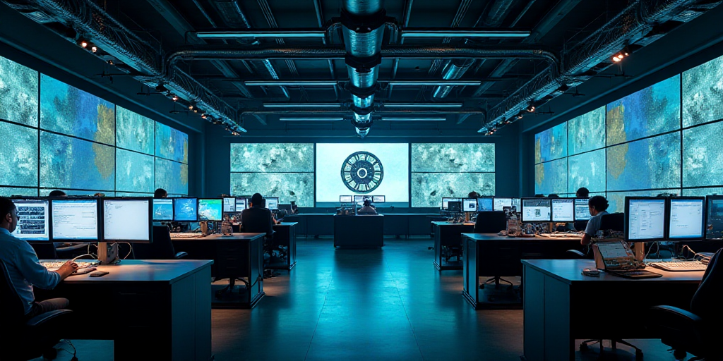 a large room with multiple monitors and tables in it's center area, with people working on computers