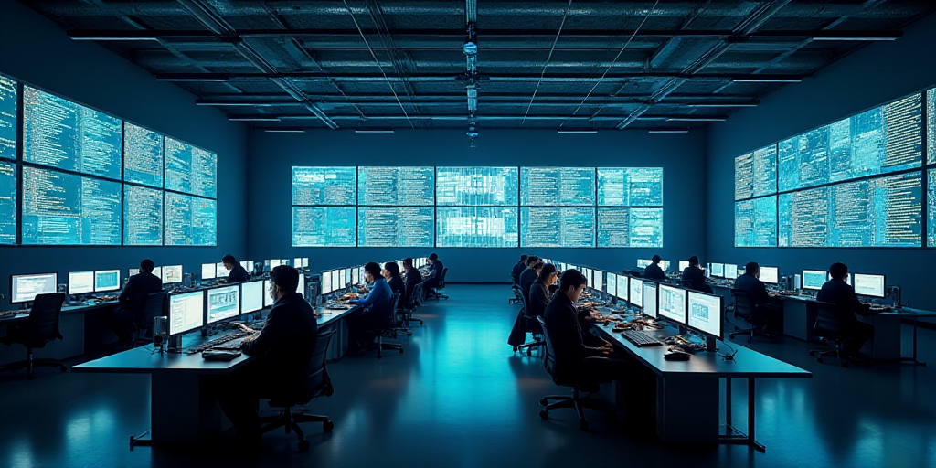 a large room with multiple monitors and tables in it's center area, with people working on computers