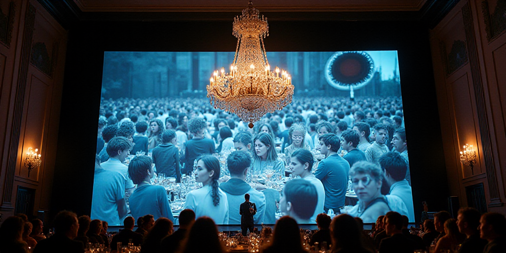 a large screen with a bunch of people on it in a room with a chandelier and a chandelier, Benoit B.