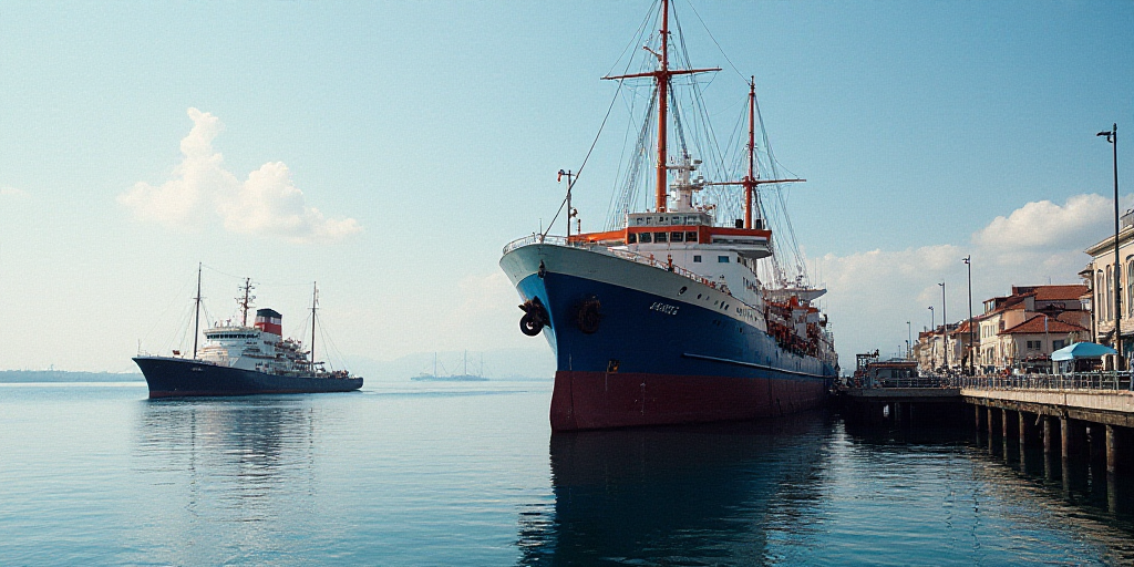 a large ship is in the water near a dock and a small boat is in the water near a dock, Almada Negrei