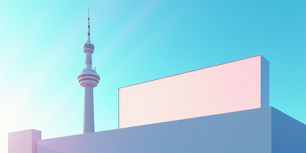 a large sign on a building with a tower in the background with a sky background behind it and a blue