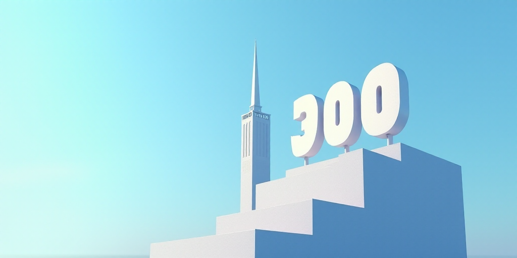 a large sign on a building with a tower in the background with a sky background behind it and a blue