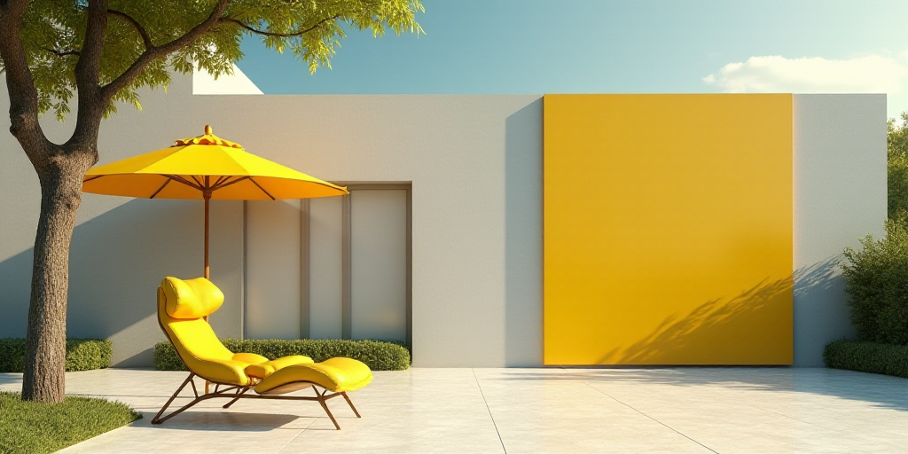 a large sign on a building with a yellow umbrella in the background and a yellow chair in the foregr