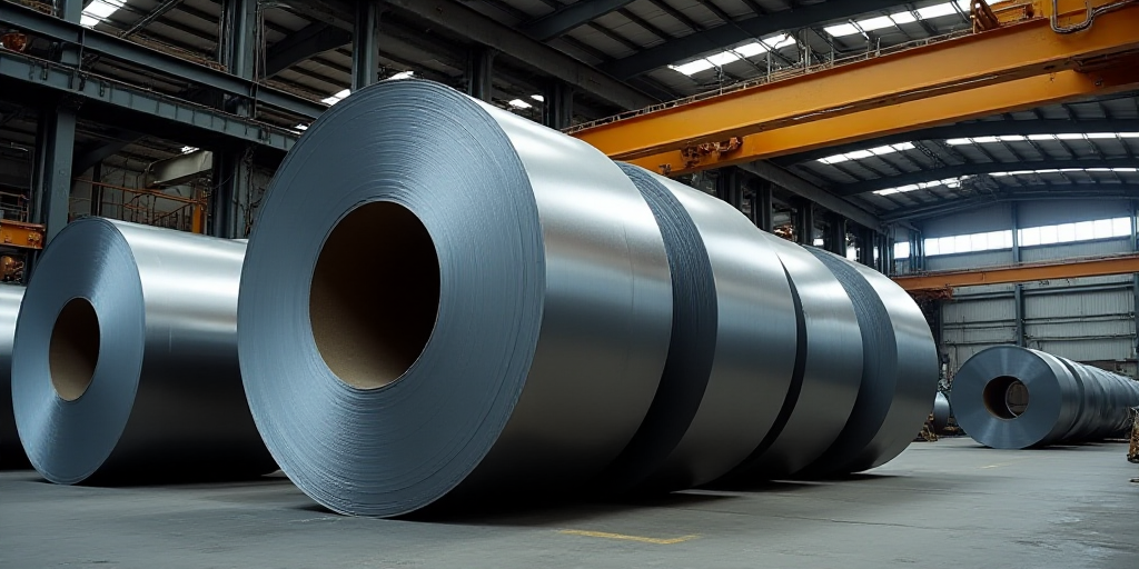 a large stack of steel rolls in a warehouse with a ceiling in the background and a few other rolls o