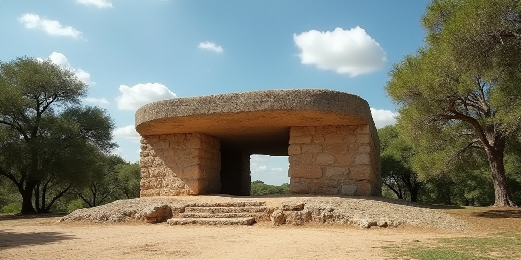 a large stone structure with trees around it and a sky background in the background, with a few clou