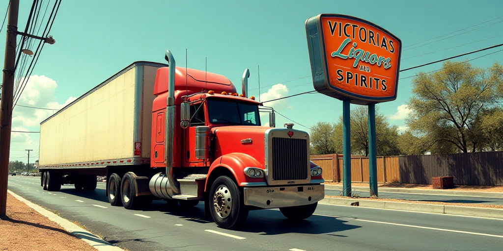 a large truck driving down a street next to a sign that says victoria's liquors and spirits, Ceferí