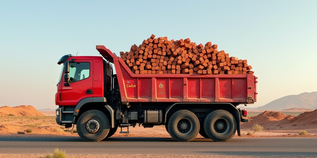 a large truck with a lot of red bricks on it's back end is parked on the side of the road, Bouchta E