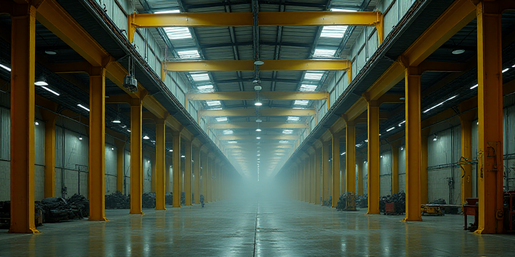 a large warehouse with a lot of yellow beams and a ceiling that has a large amount of lights on it,