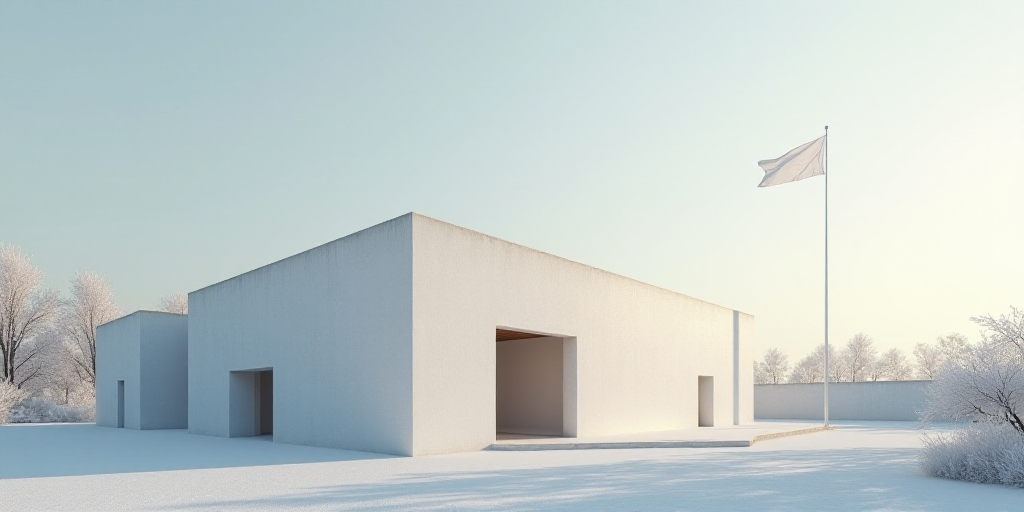 a large white building with a flag on top of it's roof and a flagpole in the background, Anne Rigney