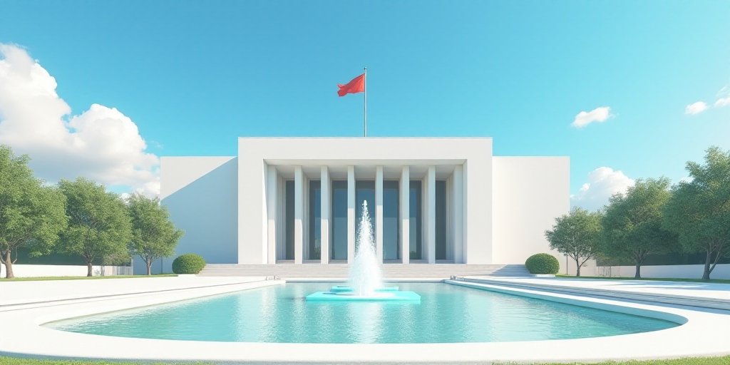a large white building with a fountain in front of it and a flag pole on top of it and a blue sky, B