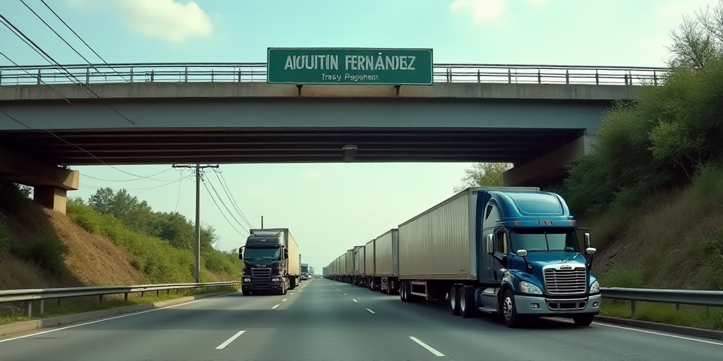 a line of trucks parked on the side of a road under a bridge with a sign above them that says,, Agus