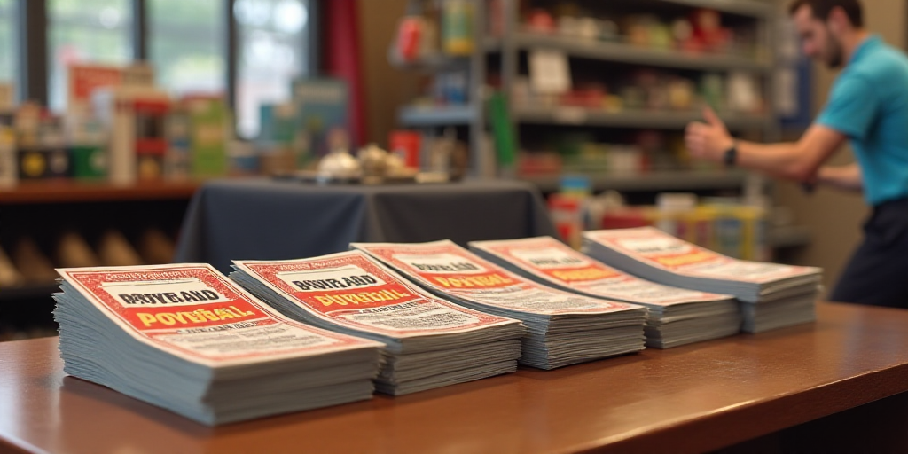 a lot of powerball cards are stacked on top of each other in a row on a table in a store, Charles Fr