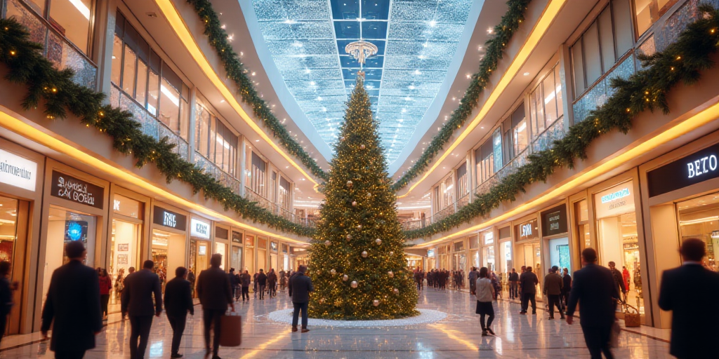 a mall filled with lots of people and christmas decorations on the ceiling and a giant christmas tre