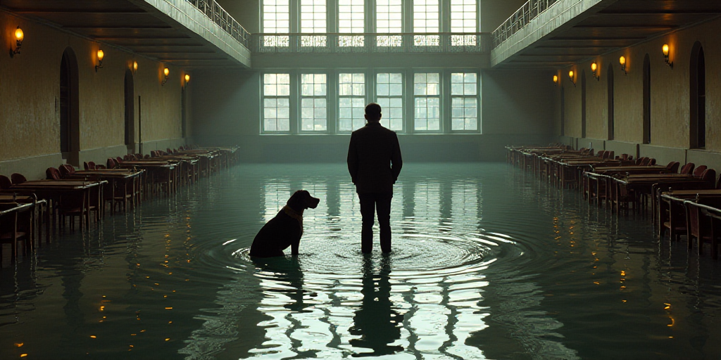 a man and a dog are standing in a flooded area of a building with tables and chairs and a man is sta