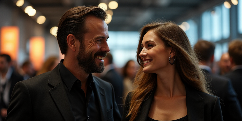 a man and a woman are smiling and talking together at a convention or conference hall or event venue