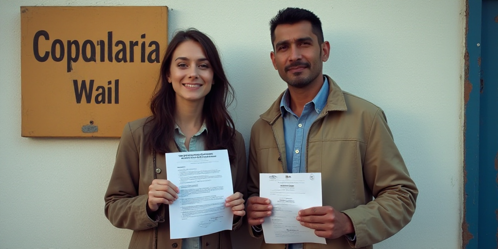 a man and a woman standing next to each other holding papers in front of a wall with a sign, Arament