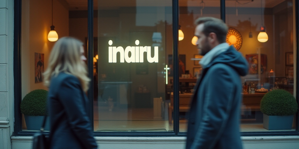 a man and a woman walking past a glass window with a sign on it that says inairu, Dahlov Ipcar, maya