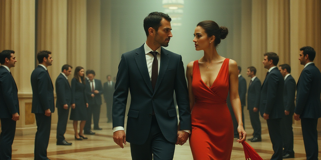 a man and a woman walking together in a room with people in the background and a man in a suit and t