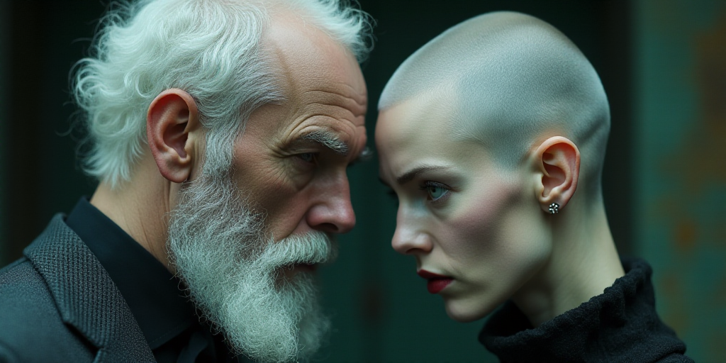 a man and a woman with white hair and a beard and a woman with grey hair and a bald head, Ada Gladys