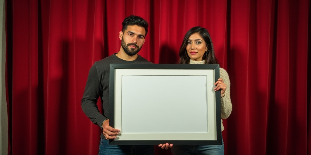 a man and woman holding a large framed poster in front of a stage curtain and a red curtain behind t