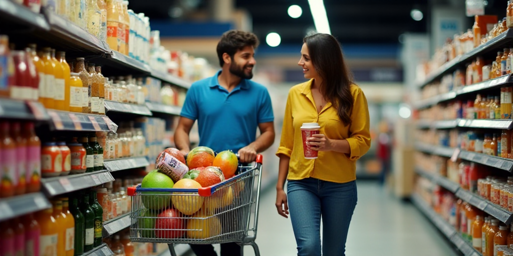 a man and woman pushing a shopping cart through a grocery store aisle with a cart full of drinks and
