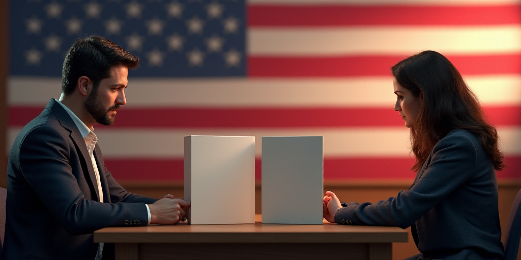 a man and woman sitting at a table with voting boxes on it and an american flag in the background, B