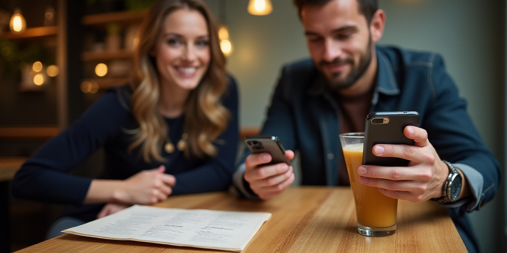 a man and woman sitting at a table with a menu and a drink in front of them, both holding a cell pho