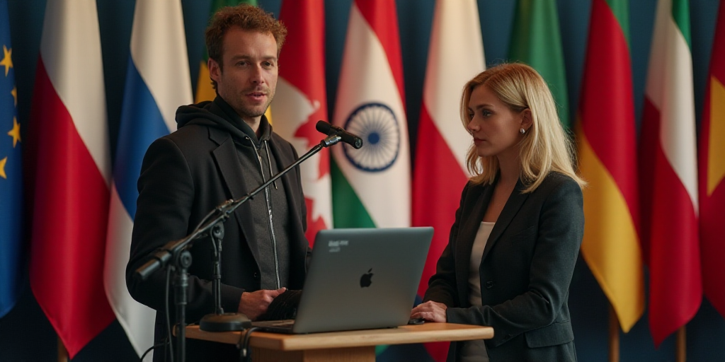 a man and woman standing in front of a wall of flags and a microphone in front of them is a laptop,