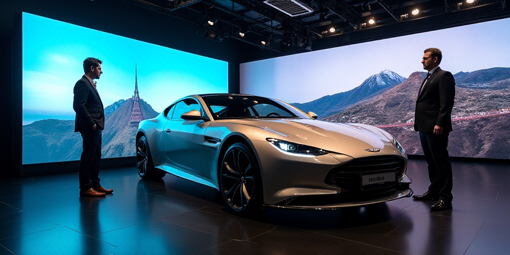 a man and woman standing next to a car on display at a showroom with a large screen behind it, Ahmed