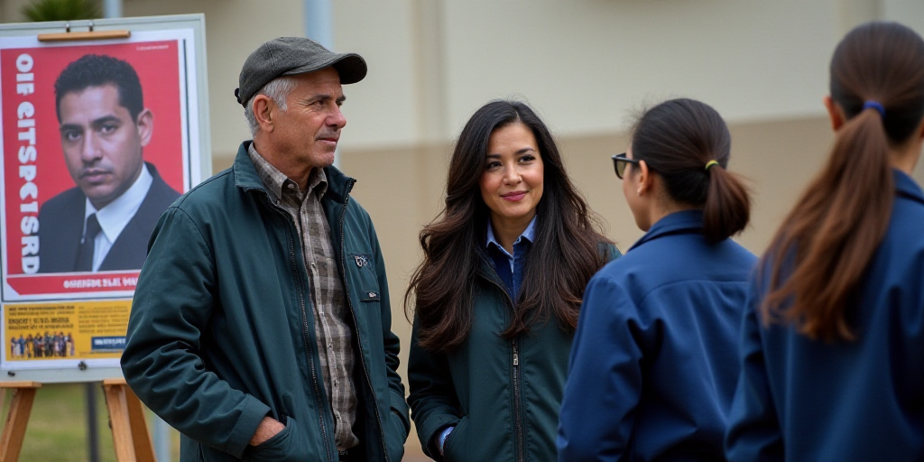 a man and woman standing next to a group of people in uniform in front of a sign with a picture of a