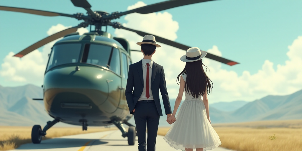 a man and woman walking towards a helicopter with a white hat on their head and a red tie on, Ai-Mit