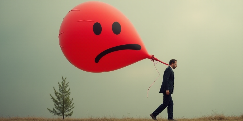 a man carrying a huge red balloon with a sad face on it's back, with a plant in the background, Éva