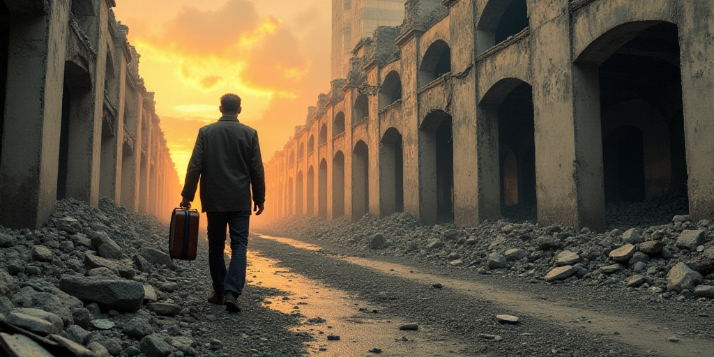 a man carrying a suitcase through a destroyed building in a city with a fire in the background and a