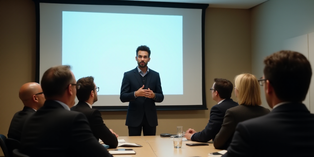 a man giving a presentation to a group of people in a conference room with a projector screen in the